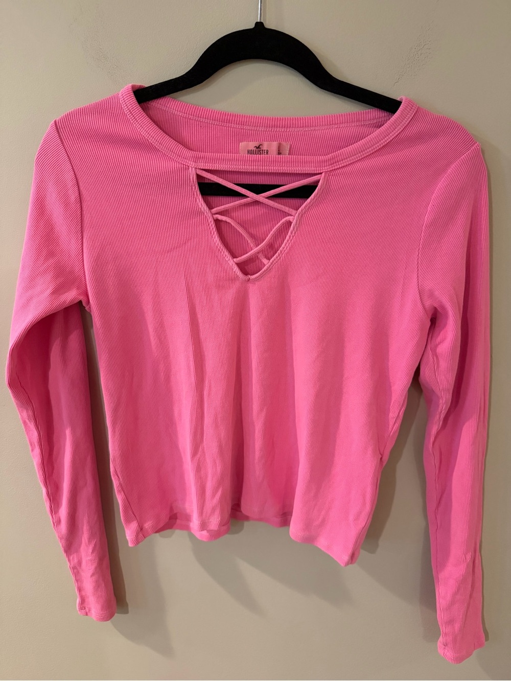 5/$25!! Hollister Bright Pink Crisscross Ribbed Long Sleeve Top